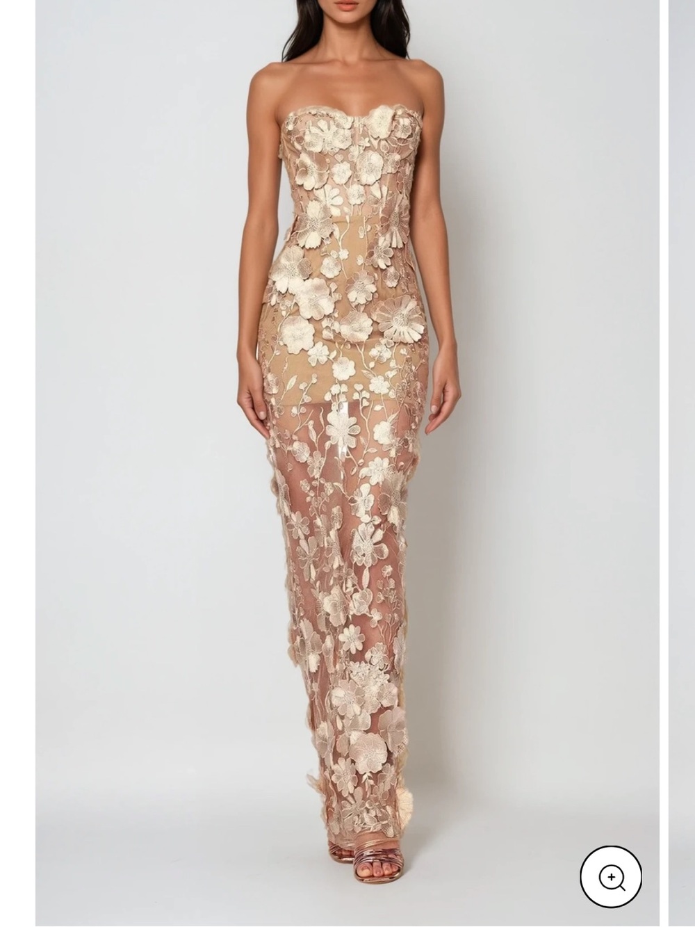Strapless Floral Appliqué Sheer Evening Gown in Nude